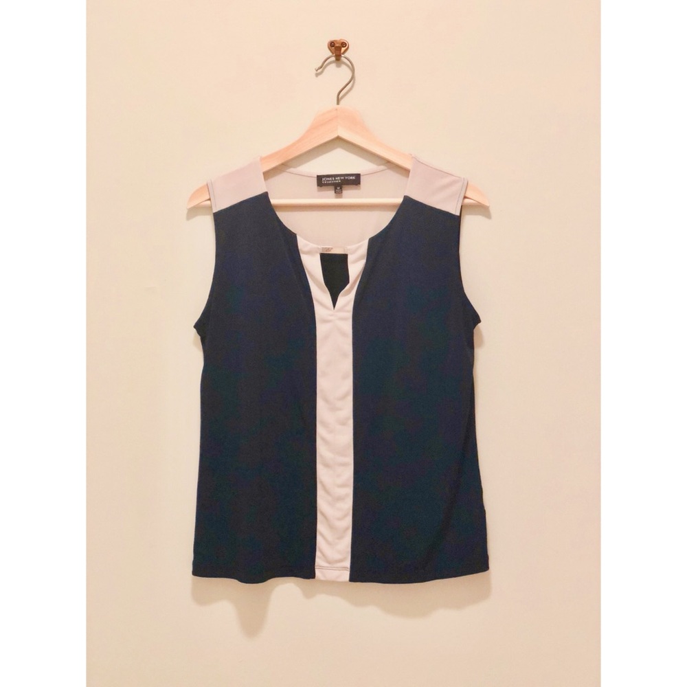 Metal accent professional blouse—navy blue, white